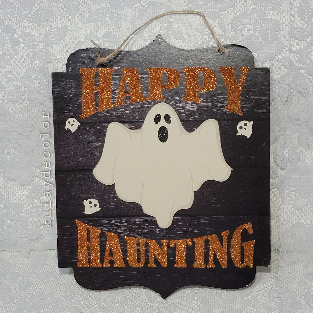 Happy Haunting Halloween Wooden Wall Sign Ghost Decor Hanging Plaque